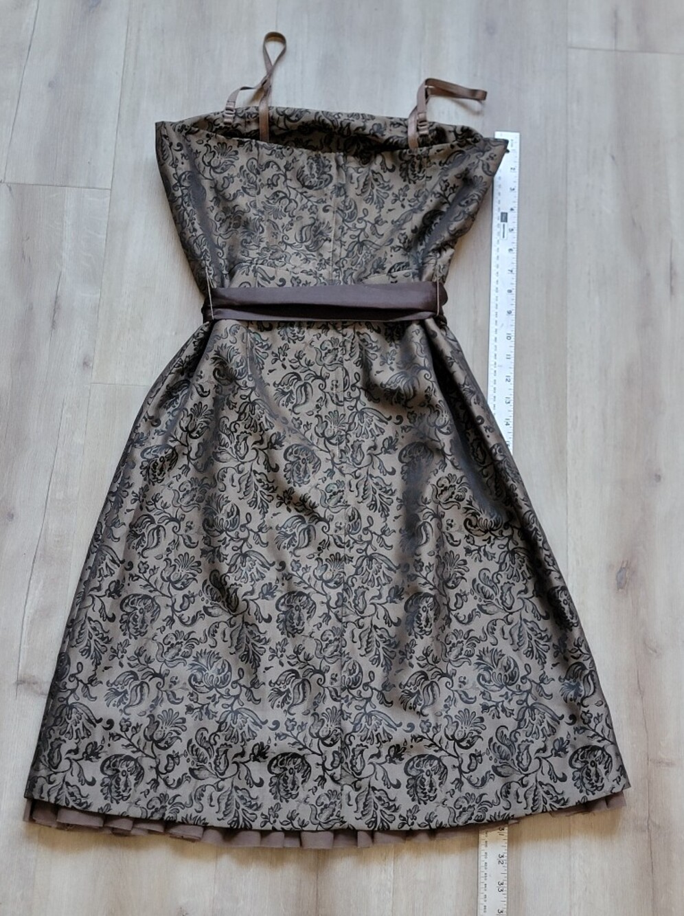 Strapless RW & Co. Brocade A-Line Party Dress with Satin Bow - Taupe & Black - Picture 2 of 13